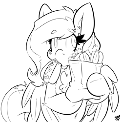 Size: 2000x2000 | Tagged: safe, artist:bbsartboutique, oc, oc only, oc:sketchpon, pegasus, pony, bag, black and white, eating, food, grayscale, hot dog, meat, monochrome, sausage, simple background, solo, white background