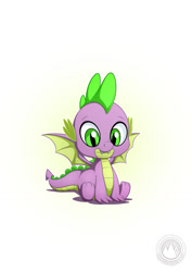 Size: 955x1351 | Tagged: safe, artist:mysticalpha, spike, dragon, molt down, baby, baby dragon, cute, cute little fangs, eyebrows, fangs, green eyes, looking at you, male, scales, simple background, sitting, smiling, solo, spikabetes, watermark, white background, winged spike, wings