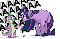 Size: 1280x848 | Tagged: dead source, safe, artist:greyscaleart, spike, twilight sparkle, unicorn twilight, dragon, pony, unicorn, aaaaaaaaaa, colored hooves, confused, eye twitch, female, frown, head tilt, hoers, looking at you, male, mare, open mouth, screaming, shrug, simple background, wat, white background, wide eyes