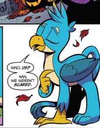 Size: 411x528 | Tagged: safe, artist:andypriceart, idw, gallus, griffon, spoiler:comic, spoiler:comic71, claws, cropped, eyes closed, leaf, male, official comic, paws, simple background, smiling, smug, speech bubble, tail, white background, wings