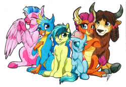 Size: 3402x2334 | Tagged: safe, artist:lupiarts, gallus, ocellus, sandbar, silverstream, smolder, yona, changedling, changeling, classical hippogriff, dragon, earth pony, griffon, hippogriff, pony, yak, season 8, bow, braid, cloven hooves, colored hooves, colored pencil drawing, commission, cute, diaocelles, diastreamies, dragoness, female, fluffy, gallabetes, group, hair bow, jewelry, male, monkey swings, necklace, sandabetes, simple background, sitting, smiling, smolderbetes, student six, teenager, traditional art, unshorn fetlocks, white background, yonadorable