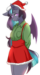 Size: 505x945 | Tagged: safe, artist:kirani, oc, oc only, anthro, bat pony, anthro oc, bat pony oc, christmas, clothes, cute, dress, female, hat, holiday, looking at you, santa hat, shirt, simple background, skirt, smiling, solo, suspenders, thighs, white background, ych result