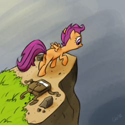 Size: 1000x1000 | Tagged: safe, artist:gloomygoomba, scootaloo, pegasus, pony, cliff, female, solo