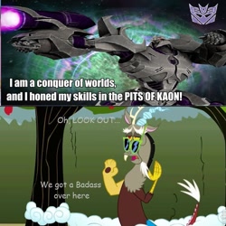 Size: 763x762 | Tagged: safe, discord, fusion cannon, image macro, megatron, meme, sarcasm, transformers