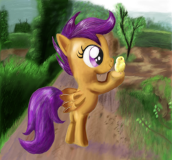 Size: 1500x1389 | Tagged: safe, artist:predelnik, scootaloo, bipedal, chick, cute, cutealoo, solo