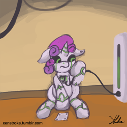 Size: 800x800 | Tagged: safe, artist:xenstroke, sweetie belle, sweetie bot, pony, robot, unicorn, 30 minute art challenge, female, filly, floppy ears, foal, hooves, horn, recharging, solo