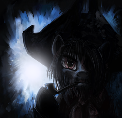 Size: 800x770 | Tagged: safe, artist:averagedraw, pipsqueak, backlighting, beard, bicorne, hair over one eye, hat, male, older, pipe, pirate, pirate hat, solo