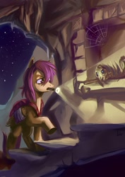 Size: 1239x1753 | Tagged: safe, artist:lexx2dot0, derpibooru import, scootaloo, cave, flashlight (object), mouth hold, older, ruins, skeleton, solo, tomb, torch