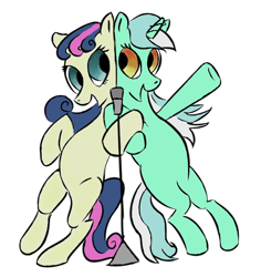 Size: 740x785 | Tagged: safe, artist:plasters-ponies, artist:rubrony, derpibooru import, bon bon, lyra heartstrings, sweetie drops, pony, bipedal, colored, duet, female, lesbian, lyrabon, microphone, shipping, singing