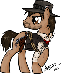 Size: 800x962 | Tagged: safe, artist:omg-chibi, derpibooru import, beard, clothes, gun, hat, john marston, looking back, ponified, raised hoof, red dead redemption, simple background, smirk, solo, torn clothes, transparent background, weapon