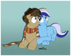 Size: 885x700 | Tagged: safe, artist:julianwilbury, derpibooru import, doctor whooves, minuette, clothes, fourth doctor, hat, minuwhooves, romana, scarf, shipping