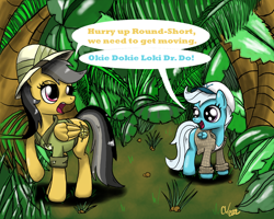 Size: 1550x1242 | Tagged: safe, artist:sakaerion, derpibooru import, daring do, clothes, crossover, dialogue, duo, hat, indiana jones and the temple of doom, jungle, scootaround, short round