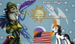 Size: 1200x711 | Tagged: safe, artist:jamescorck, boneless, discord, oc, oc:movie slate, draconequus, pony, unicorn, american flag, ask, bubble pipe, clothes, corncob pipe, duo, equestrian flag, female, flag, general discord, helmet, magic, male, mare, patton, pipe, rubber chicken, telekinesis, tumblr, uniform