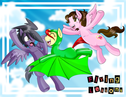 Size: 1024x791 | Tagged: safe, artist:boastudio, artist:shinta-girl, artist:taekwon-magic, oc, oc only, oc:shinta pony, oc:taekwon magic, armpits, batsuit, comet, flying lesson, rubber pony