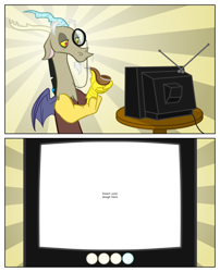 Size: 1050x1299 | Tagged: safe, derpibooru import, discord, exploitable meme, meme, monocle, not for ms paint, pipe, sunburst background, template, tv meme