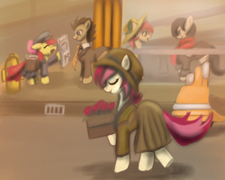 Size: 1500x1200 | Tagged: safe, artist:gunslingerpen, apple bloom, doctor whooves, roseluck, oc, clothes, flower, hat, newspaper, rose