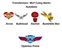 Size: 500x394 | Tagged: safe, arcee, bulkhead, bumblebee, cutie mark, optimus prime, ratchet, transformers