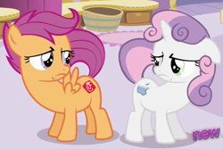 Size: 1026x686 | Tagged: safe, edit, edited screencap, screencap, scootaloo, sweetie belle, sweetie bot, pegasus, pony, robot, robot pony, unicorn, ponyville confidential, alternate cutie mark, apple (company), chick-fil-a, cutie mark, female, filly, floppy ears, foal, hooves, horn, logo, raised tail, scootachicken, spread wings, tail, wings