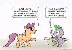 Size: 500x345 | Tagged: safe, artist:el-yeguero, derpibooru import, scootaloo, spike, dragon, plushie, rarity plushie