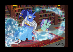 Size: 1500x1071 | Tagged: safe, artist:dembai, clover the clever, star swirl the bearded, pony, unicorn, windigo, book, bookcase, bookshelf, cape, clothes, duo, eyebrows, frown, glare, hat, illusion, library, magic, male, prone, raised hoof, sitting, sparkles, stallion, wizard hat