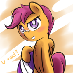 Size: 500x500 | Tagged: safe, artist:demoxyraphym-mslyce, derpibooru import, scootaloo, pegasus, pony, dialogue, female, filly, solo