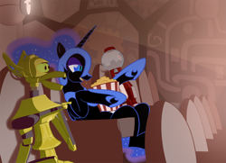 Size: 1200x871 | Tagged: safe, artist:javkiller, derpibooru import, nightmare moon, cinema, crow t robot, movie, mystery science theater 3000, popcorn, tom servo