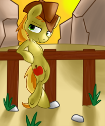 Size: 1000x1200 | Tagged: safe, artist:kiruki1999, braeburn, pony, bedroom eyes, bipedal, bipedal leaning, smiling, solo, stupid sexy braeburn, underhoof