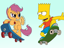 Size: 2592x1936 | Tagged: safe, artist:flowersimh, scootaloo, bart simpson, scooter, skateboard, the simpsons