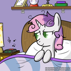 Size: 1500x1500 | Tagged: safe, artist:thatoneguyonda, sweetie belle, pony, unicorn, alarm clock, bed, bed mane, clock, colored pupils, morning ponies, solo