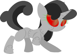 Size: 561x397 | Tagged: safe, artist:frostedwarlock, derpibooru import, sweetie belle, sweetie bot, pony, robot, robot pony, unicorn, blank flank, crossover, female, filly, foal, homestuck, hooves, horn, raised hoof, red eyes, simple background, solo, transparent background