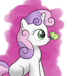 Size: 2560x2560 | Tagged: safe, artist:cradet, sweetie belle, sweetie bot, butterfly, pony, robot, robot pony, unicorn, abstract background, blank flank, female, filly, foal, high res, hooves, horn, insect on nose, open mouth, sitting, solo