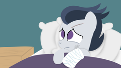 Size: 1920x1080 | Tagged: safe, artist:dtcx97, rumble, pegasus, pony, bandage, bed, colt, foal, hooves, hospital, injured, lineless, male, pillow, post-crusade, solo, stitches