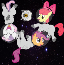 Size: 900x915 | Tagged: safe, derpibooru import, apple bloom, scootaloo, sweetie belle, crossover, cutie mark crusaders, personality core, portal (valve), space core