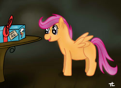 Size: 550x400 | Tagged: safe, artist:thexiiilightning, derpibooru import, scootaloo, present, scootalove