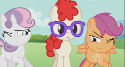 Size: 864x466 | Tagged: safe, screencap, scootaloo, sweetie belle, twist, the cutie pox, glasses