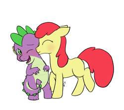 Size: 900x800 | Tagged: safe, derpibooru import, apple bloom, spike, dragon, blushing, female, interspecies, kissing, male, older, shipping, spikebloom, straight