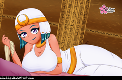 Size: 1216x800 | Tagged: safe, artist:clouddg, somnambula, daring done?, equestria girls, arm under breasts, big breasts, blindfold, breasts, busty somnambula, cleavage, clothes, egyptian, equestria girls-ified, eyeshadow, female, lipstick, looking at you, lying down, makeup, on side, smiling, solo