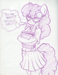 Size: 850x1100 | Tagged: safe, artist:trollie trollenberg, twist, anthro, book, clothes, cute, glasses, monochrome, older, pleated skirt, skirt, solo, teenager, traditional art