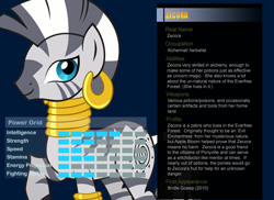 Size: 1100x800 | Tagged: safe, artist:pika-robo, zecora, zebra, bio, profile, ultimate marvel vs capcom 3