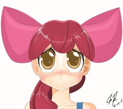 Size: 1247x1098 | Tagged: safe, artist:yjayr, derpibooru import, apple bloom, humanized, solo