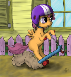 Size: 896x960 | Tagged: safe, artist:mik3thestrange, scootaloo, pegasus, pony, dust cloud, female, fence, filly, scooter