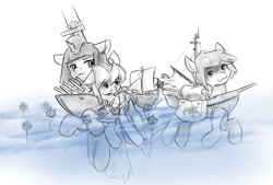 Size: 1236x838 | Tagged: safe, artist:alloyrabbit, oc, oc only, oc:minelayer, boatpony, original species, pony, battleship, battleship ponies, destroyer, explosives, floppy ears, giant pony, minelayer, ocean, pirate ship, ponified, shipmare, swimming, unamused, wavy mouth