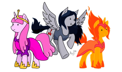 Size: 900x532 | Tagged: safe, artist:fuutachimaru, adventure time, flame princess, marceline, ponified, princess bubblegum