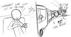 Size: 844x435 | Tagged: safe, artist:alloyrabbit, oc, oc only, oc:anon, oc:goatmod, goat, human, monochrome, scared, sketch, the ride never ends, train, train pony