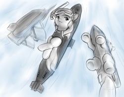 Size: 1024x804 | Tagged: safe, artist:alloyrabbit, oc, oc only, boatpony, battleship, battleship ponies, cute, filly, goggles, monochrome, ocean, pirate ship, ponified, snorkel, submarine, swimming, underhoof, underwater