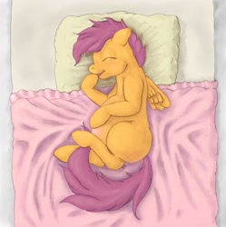 Size: 1280x1286 | Tagged: safe, artist:ratwhiskers, derpibooru import, scootaloo, pegasus, pony, abdominal bulge, ask pregnant scootaloo, bed, cute, female, filly, pillow, pregnant, pregnant scootaloo, solo, teen pregnancy