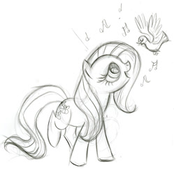 Size: 900x903 | Tagged: safe, artist:lauren faust, posey, bird, earth pony, pony, g1, behind the scenes, color me, concept art, female, g1 to g4, generation leap, grayscale, mare, monochrome, singing, what could have been