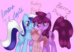 Size: 2116x1500 | Tagged: safe, artist:goldenmercurydragon, derpibooru import, berry punch, berryshine, minuette, ruby pinch, berrygate, eyes closed, family, female, lesbian, magical lesbian spawn, offspring, parent:berry punch, parent:minuette, parents:berrygate, romana, shipping, trio