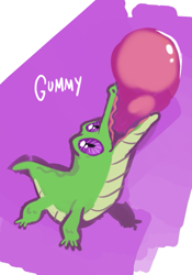 Size: 547x782 | Tagged: safe, artist:purplekecleon, derpibooru import, gummy, alligator, balloon, male, pet