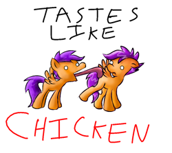 Size: 476x424 | Tagged: safe, artist:supersheep64, scootaloo, g4, duality, licking, scootachicken, self ponidox, simple background, tongue out